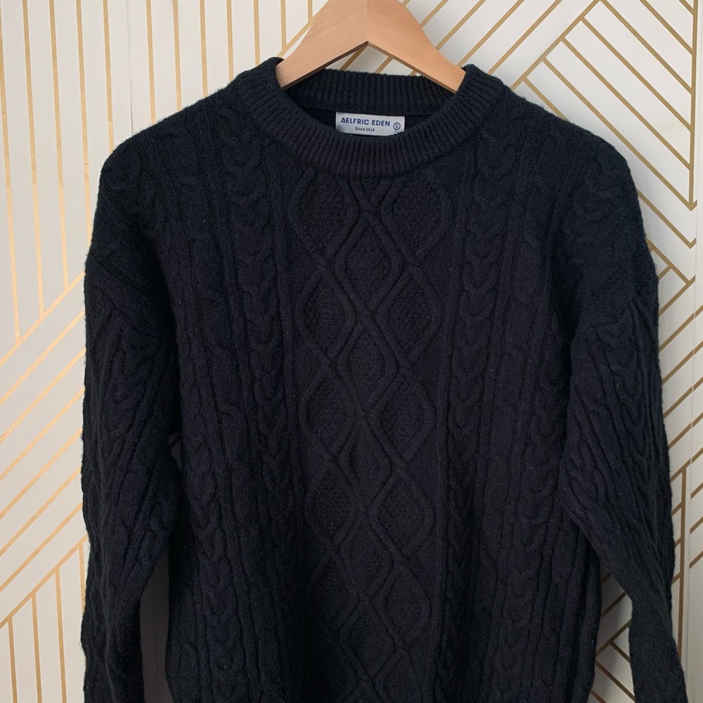 Aelfric Eden Retro 90s Cable Knit Fisherman Sweater ribbed hems black Small S - Picture 4 of 11